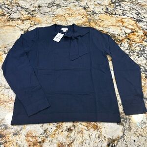 NWT J. CREW women’s tie next bow sweater. Navy blue. 100% cotton. MEDIUM